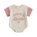 Baby Girl Auntie's Bestie Romper Contrast Color Letter Embroidery Waffle Crew Neck Short Sleeve Jumpsuit